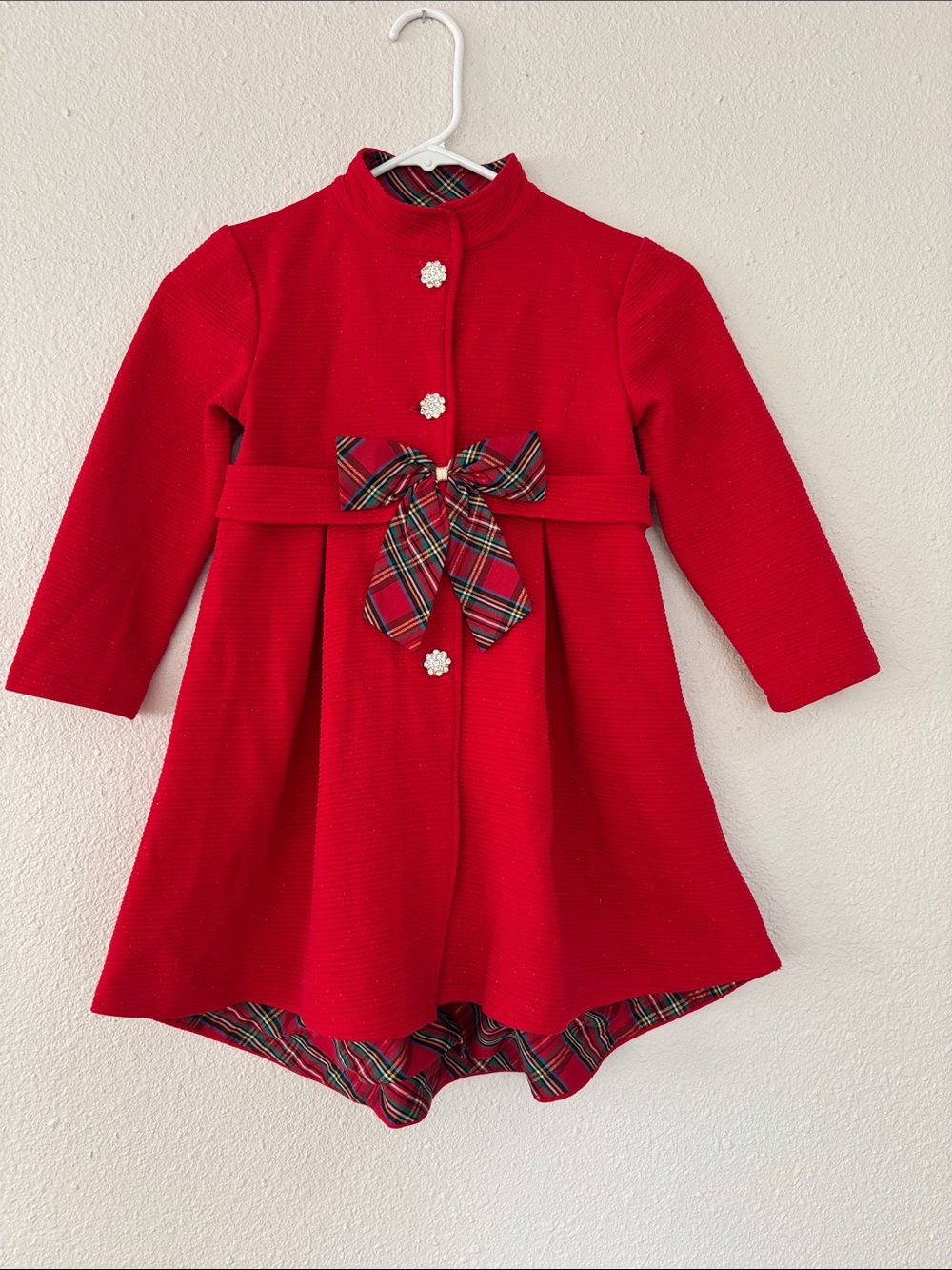 FINAL! Blueberi Boulevard Red Girls Dress Coat with Tartan Plaid Bow